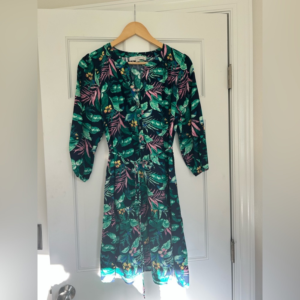 LOFT Palm Henley Flounce Shirtdress